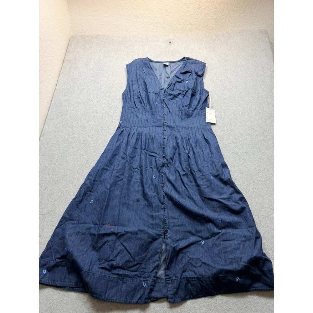 Free Assembly Maeve Embroidered Denim Midi Dress Blue Nautical Sleeveless Sz L